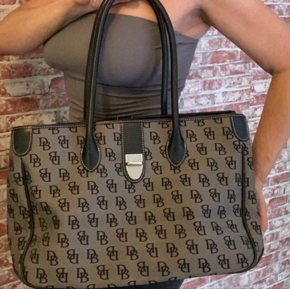 Dooney & Bourke Brown Monogrammed Logo Canvas Shoulder Bag with Black Trim